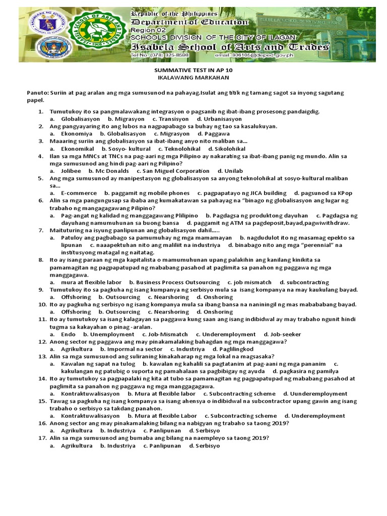 2nd Quarter Summative Test AP 10 | PDF