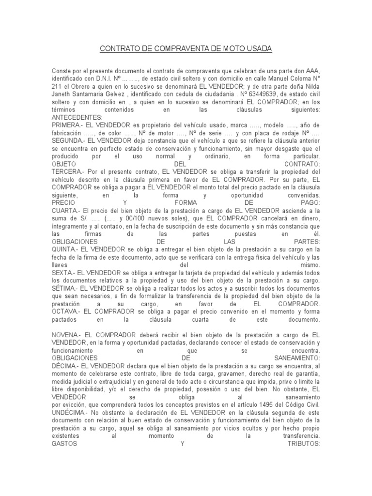 Contrato de Compraventa de Moto Usada | PDF | Derecho civil (sistema ...