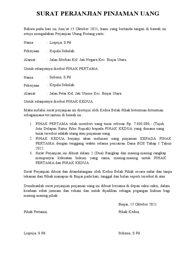 Contoh Surat Perjanjian Pinjaman Uang | PDF
