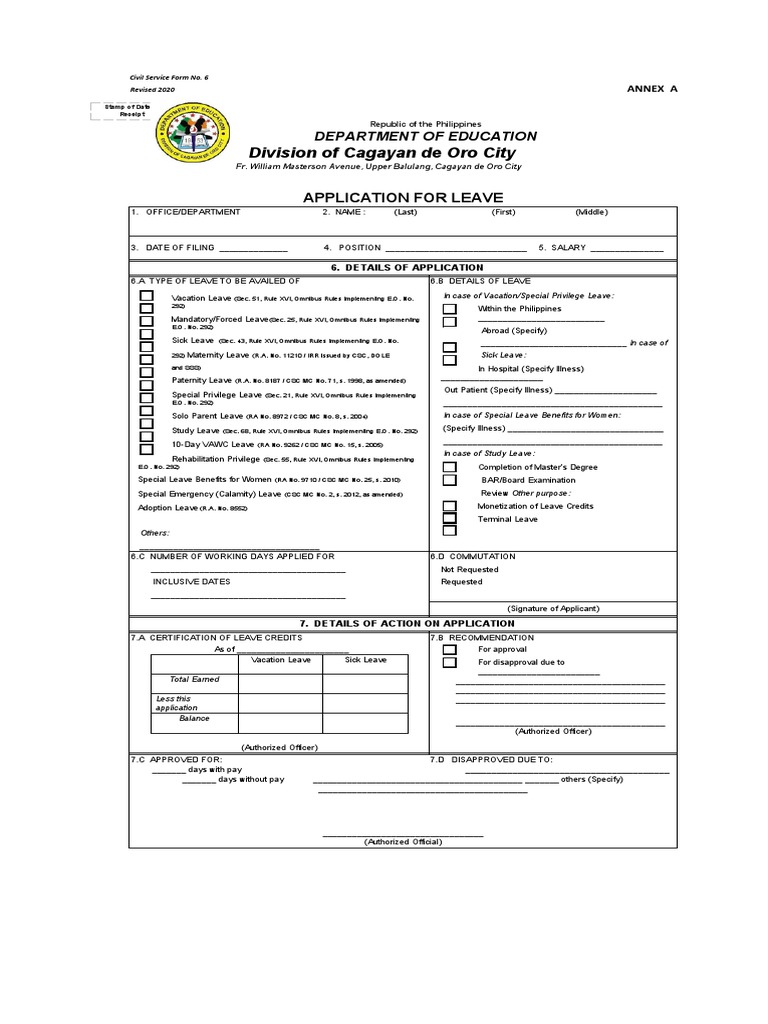 Application for Leave of Absence from the Department of Education Division of Cagayan de Oro