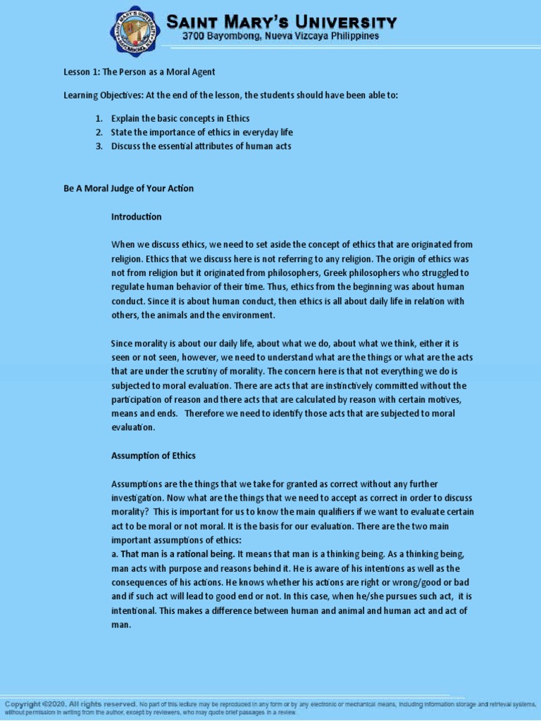 Lesson 1. The Person As A Moral Agent | PDF | Morality | Reason