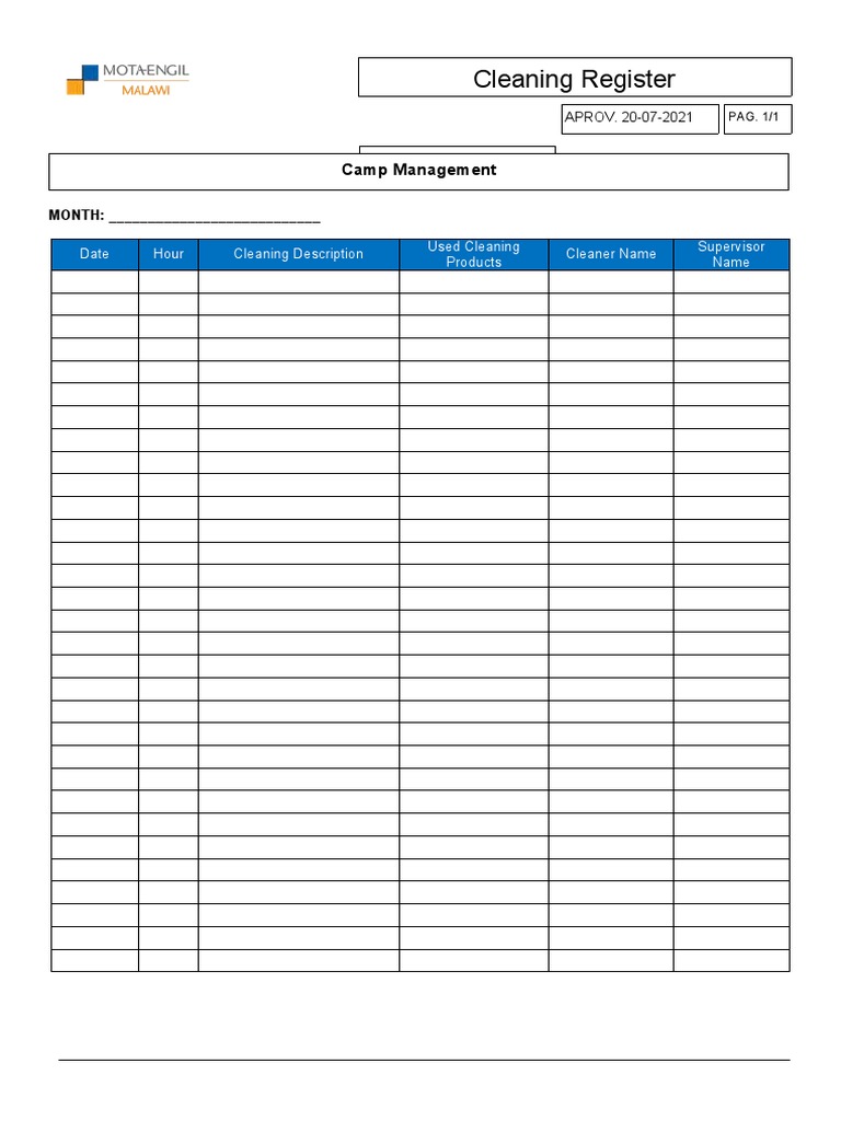 Cleaning Register PDF