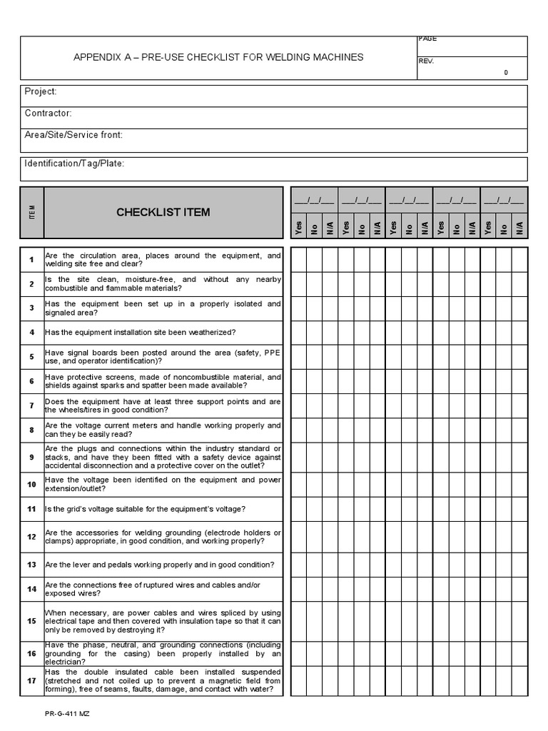 PreUse Checklist For Welding Machines PDF Construction Welding