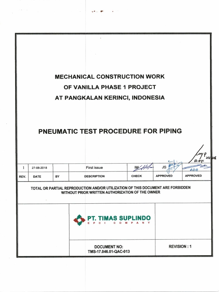 Pneumatic Test Procedure Piping Pdf