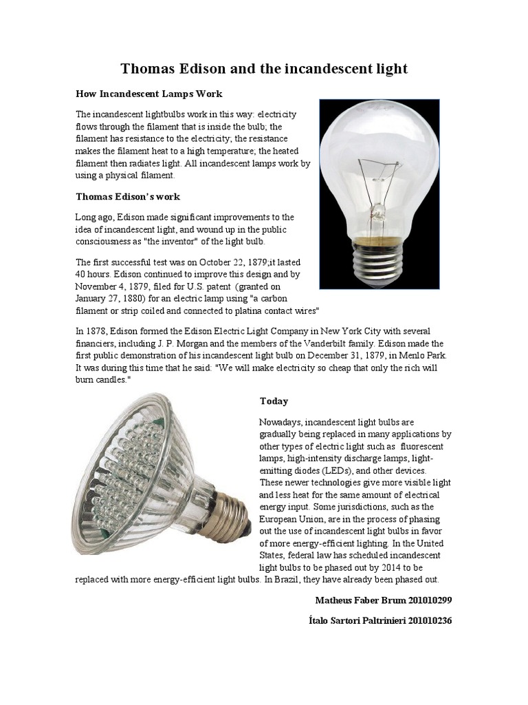 Thomas Edison and The Incandescent Light PDF Incandescent Light