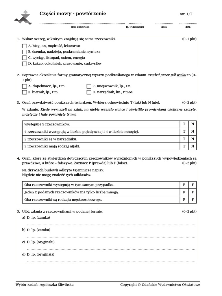 Odmienne I Nieodmienne Części Mowy Sprawdzian Klasa 4
