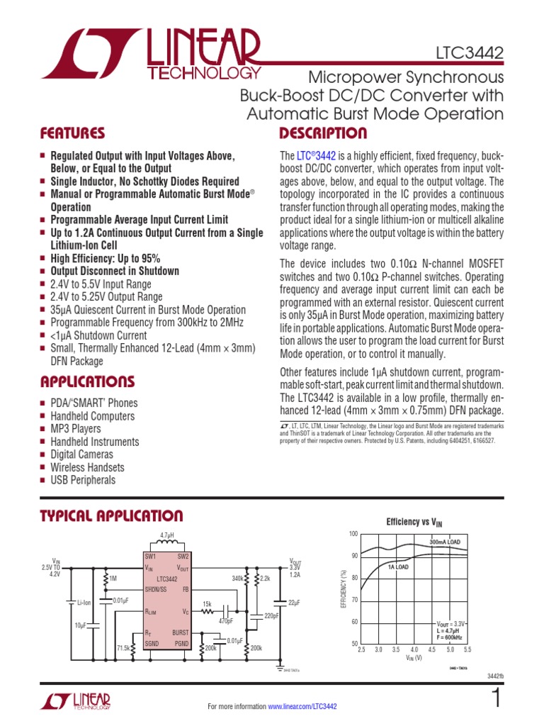 Features Description LTC3442 Micropower Synchronous BuckBoost DC/DC Converter With Automatic
