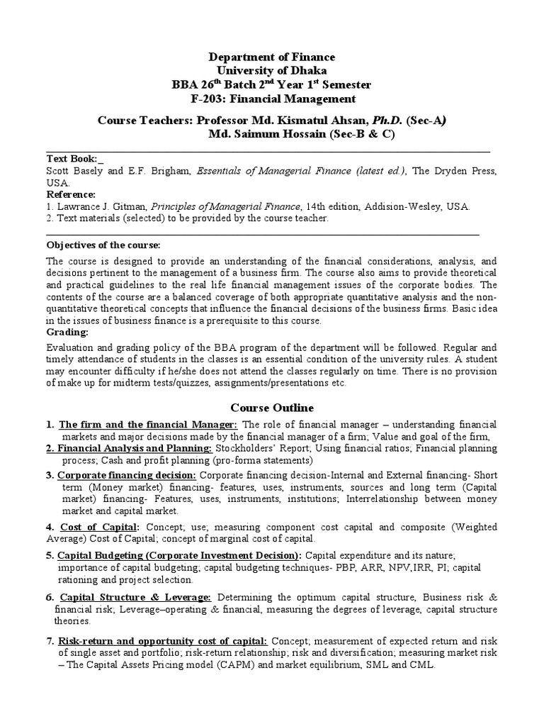Course Outline - BBA 26 TH Batch - F-203 (Fin. MGMT.) - Revised | PDF ...