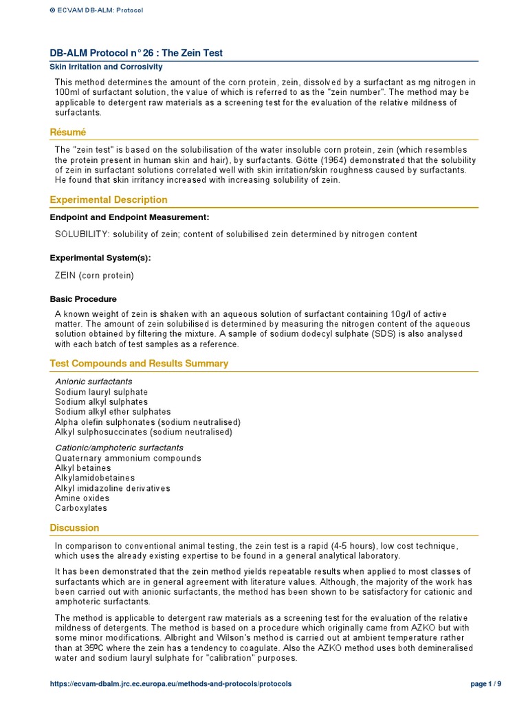 Résumé: DB-ALM Protocol N° 26: The Zein Test | PDF | Surfactant ...