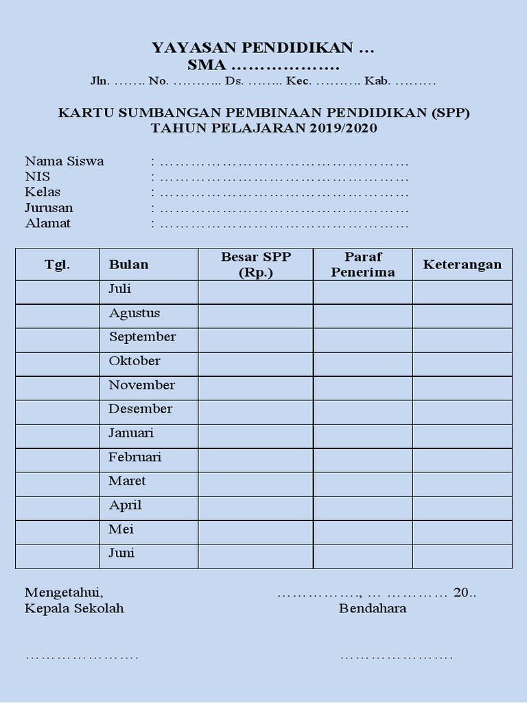 Kartu SPP Sekolah SMA 2019/2020 | PDF