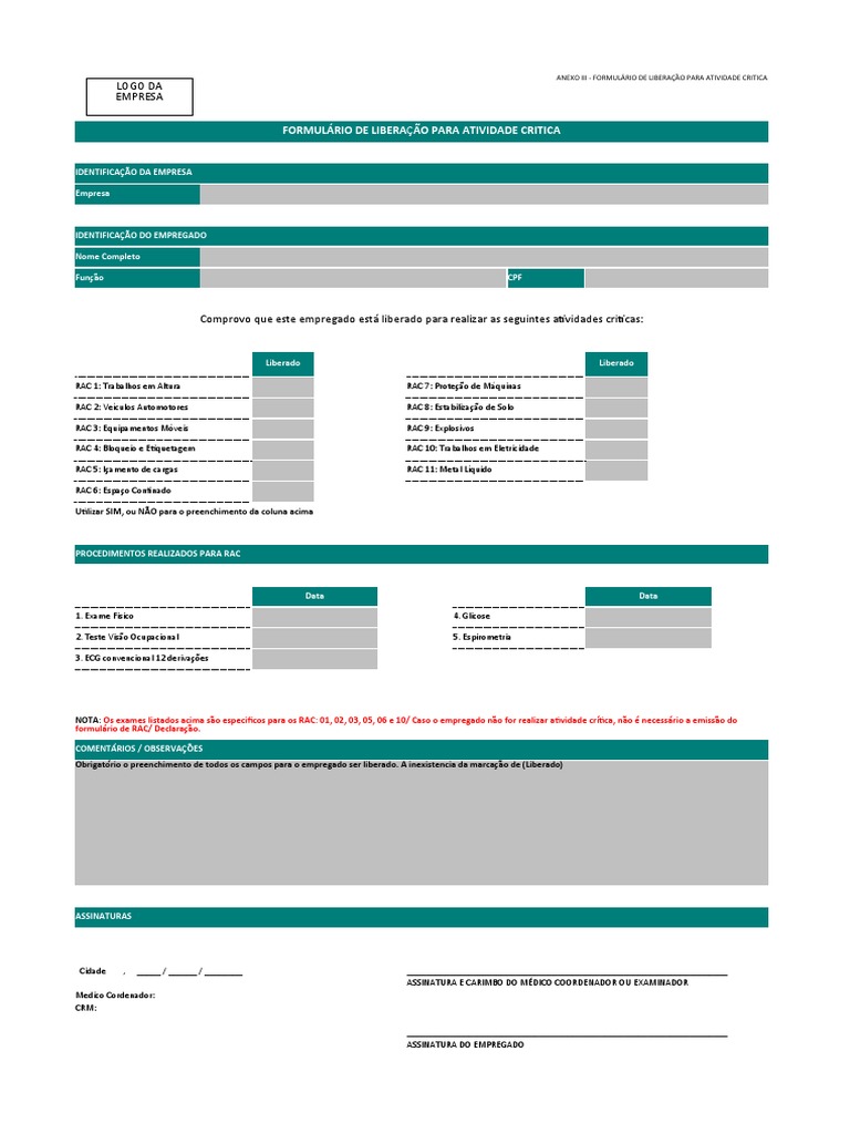 ANEXO 3 Do Guia - Formulário de RAC | PDF