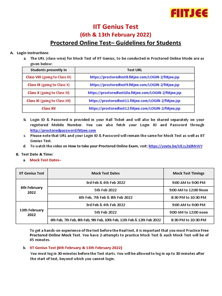 Guidelines for Students Taking the IIT Genius Proctored Online Test ...