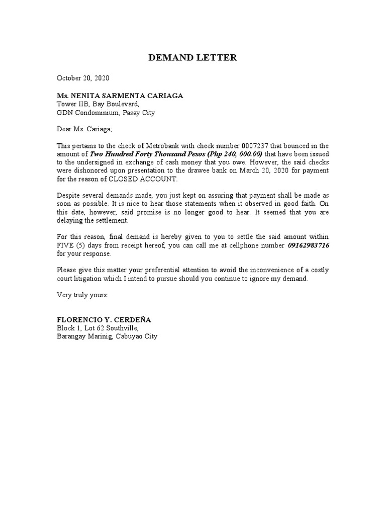 Demand Letter, BP 22 (Talbog Na Check) | PDF
