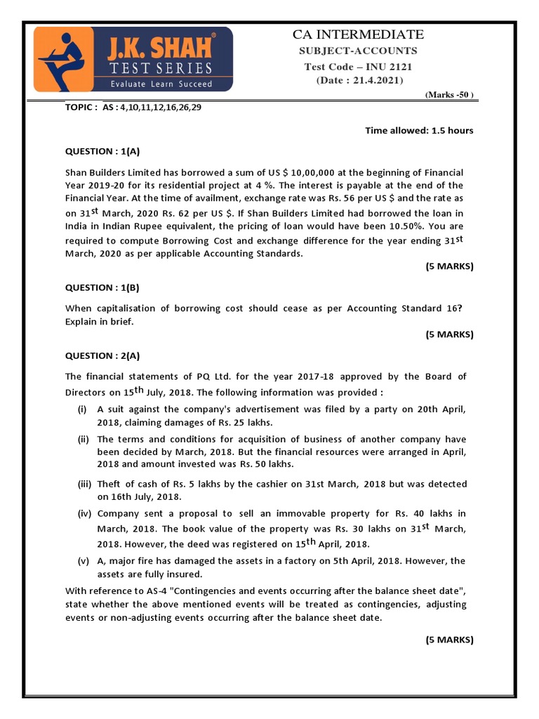 Inu 2121 Accounts - Question Paper | PDF | Goodwill (Accounting ...