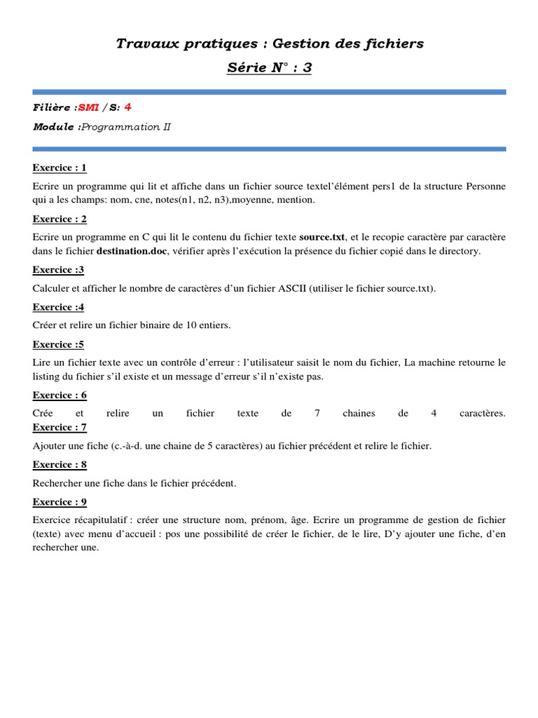 Exercices de Gestion de Fichiers en C | PDF | Fichier texte | Informatique