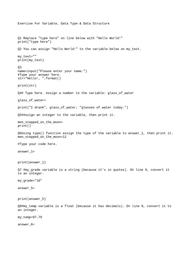 Variables and Data Type Excercises | PDF | Plato | String (Computer ...