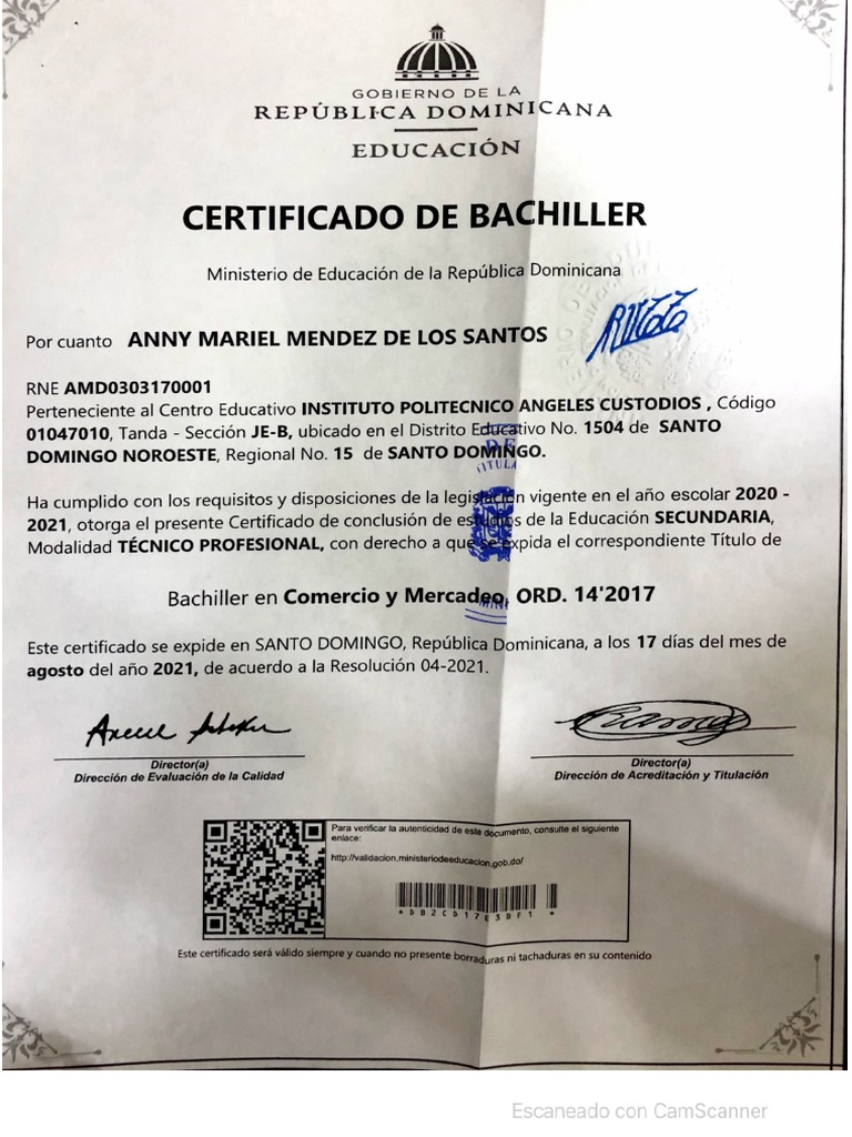 Certificado Bachiller Sellado | PDF