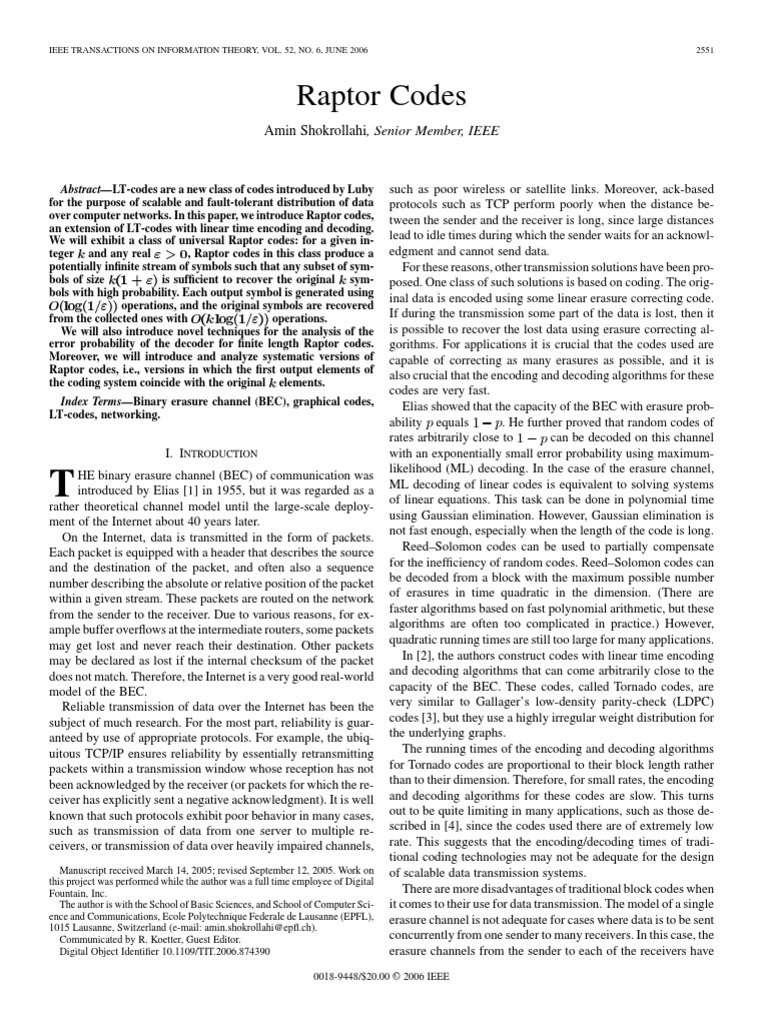 Raptor Codes Ieee Transactions On Information Theory PDF Code