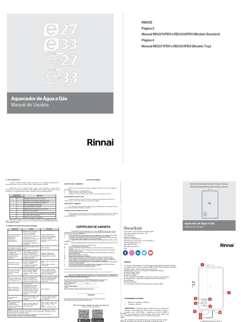 Manual do Aquecedor Rinnai E33 | PDF | Temperatura | Chuveiro