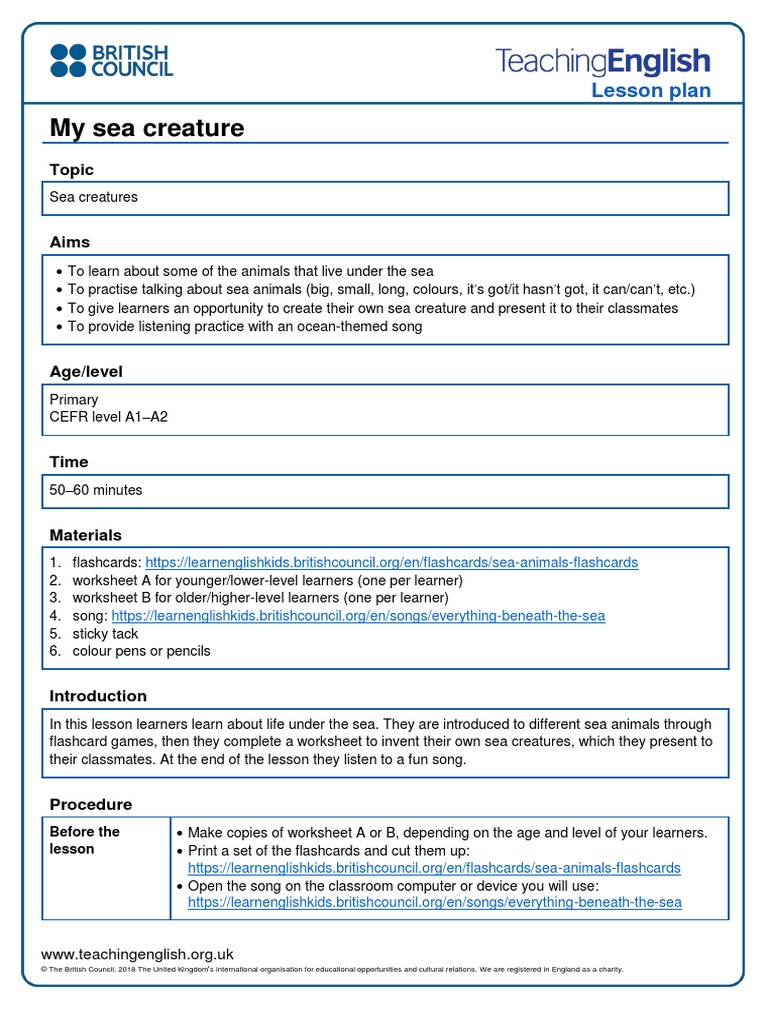 Teaching Kids My Sea Creature Lesson Plan | PDF | Lesson Plan | Flashcard