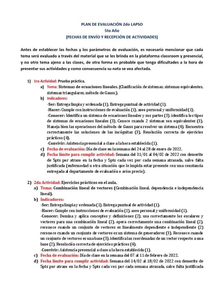 Plan de Evaluación 5to Año. 2do Lapso | PDF | Matriz (Matemáticas ...
