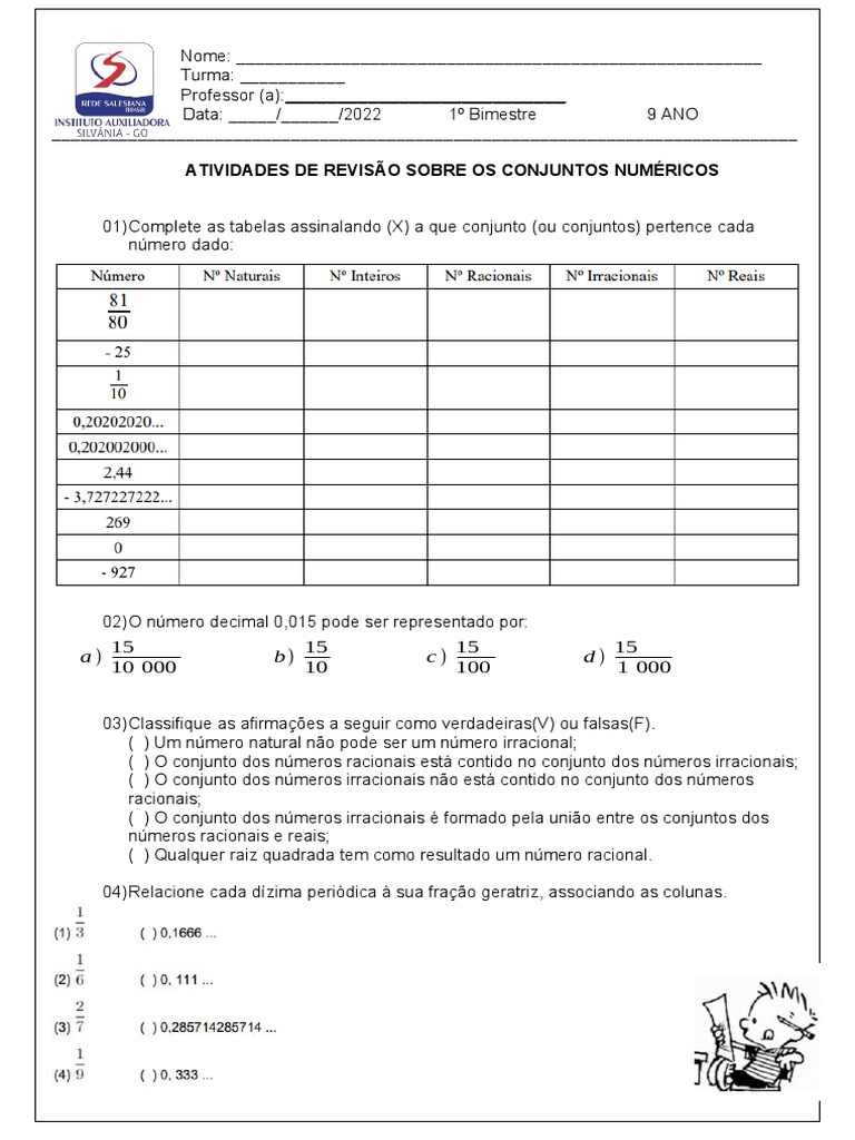 Atividade Revisão Conjuntos Numéricos | PDF