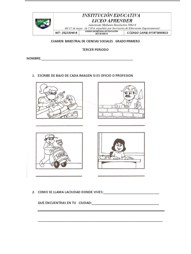 Examen Bimestral de Ciencias Sociales Grado Primero PDF