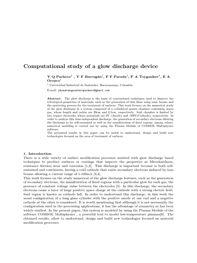 Numerical Analysis of Glow Discharge Dynamics | PDF | Cathode | Plasma ...