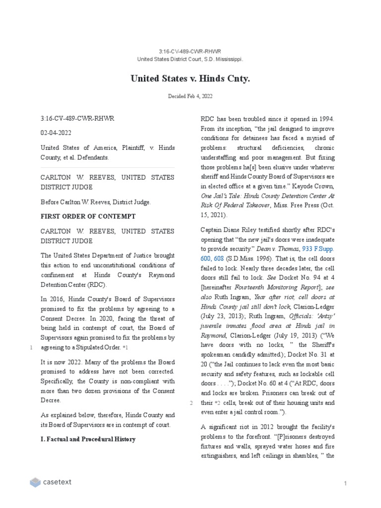 United States Vs Hinds County, Mississippi | PDF | Contempt Of Court |  Prison