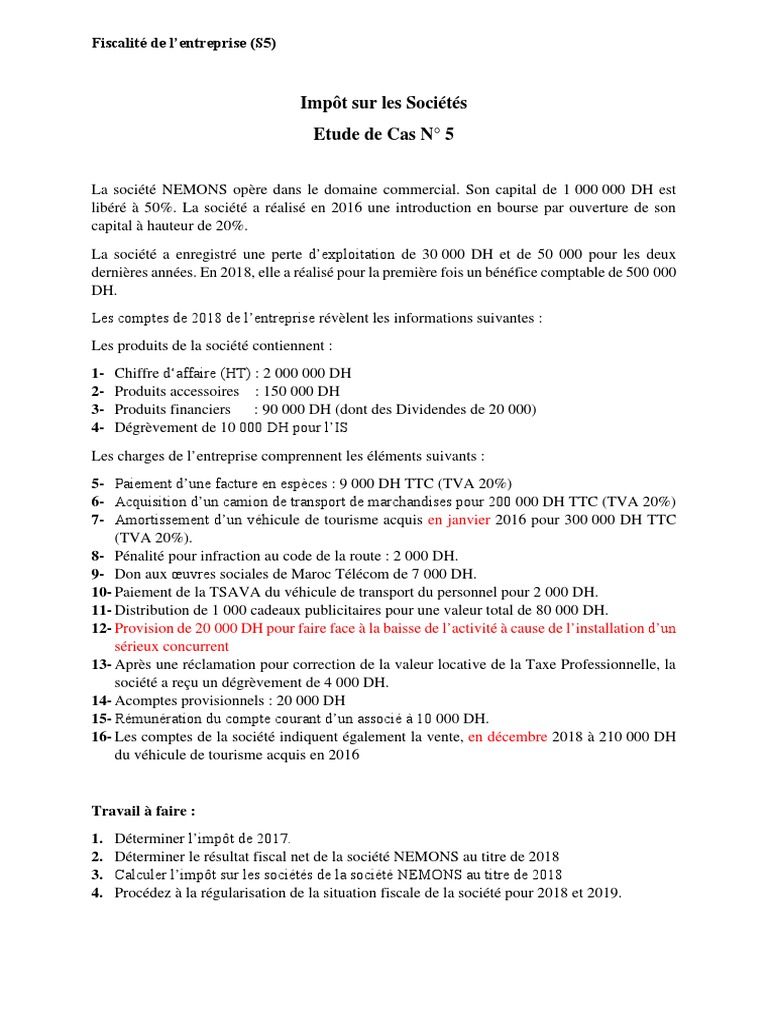 Correction Étude de Cas Fiscalité 2018 | PDF | Taxe sur la valeur ...
