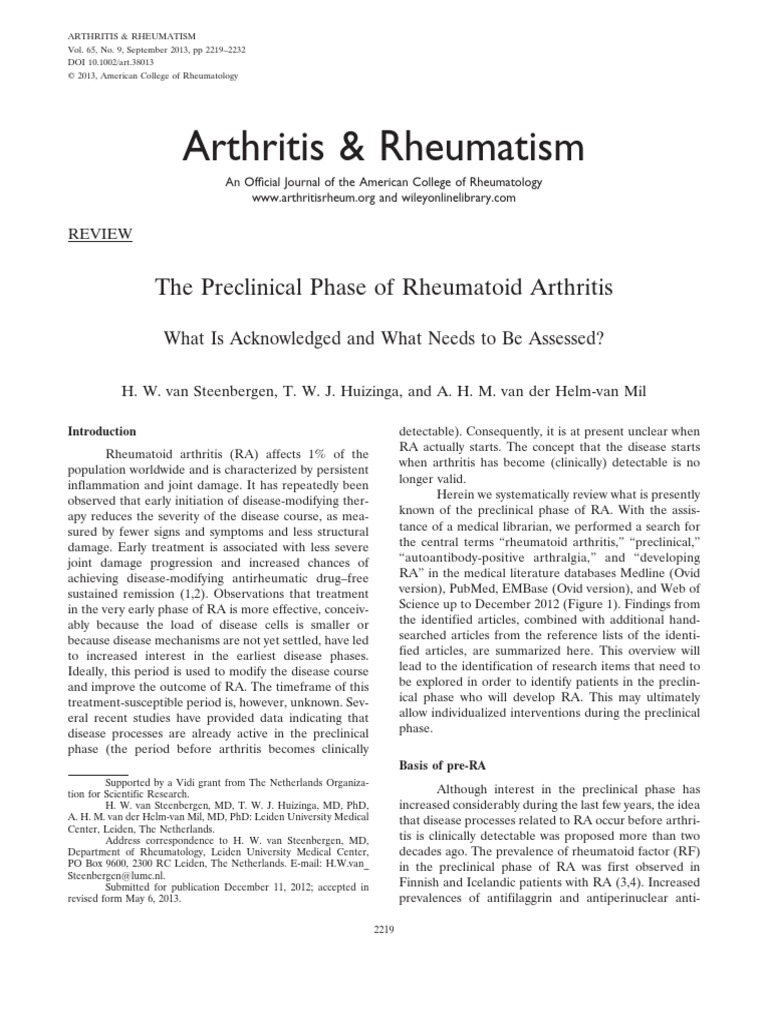 Arthritis & Rheumatism The Preclinical Phase of Rheumatoid Arthritis