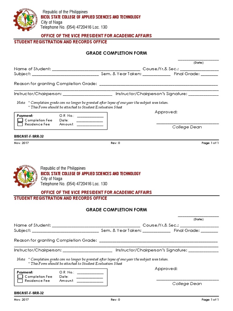 BISCAST Grade Completion Form | PDF