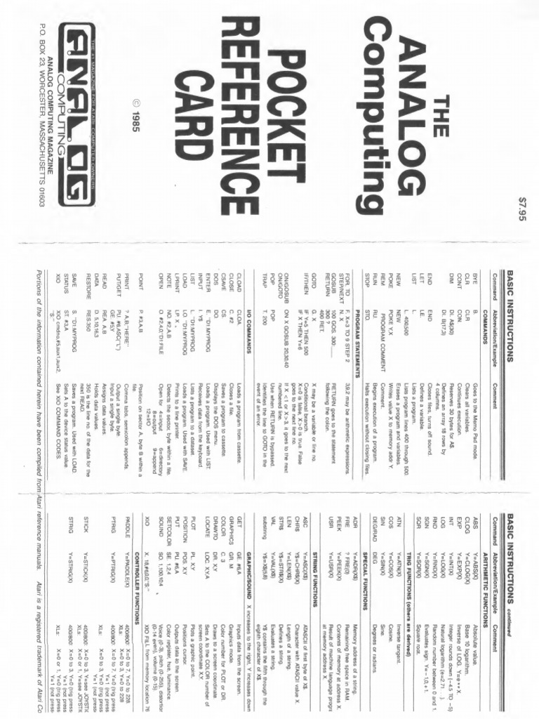 Atari ANALOG Computing Pocket Reference Card PDF