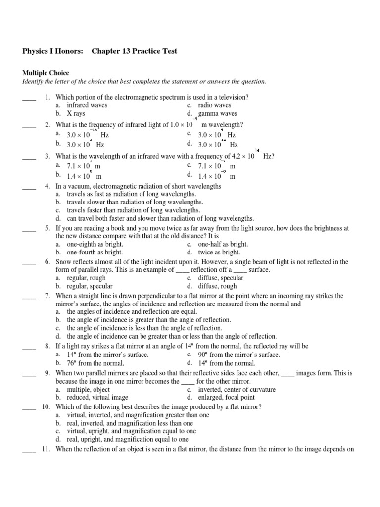 Chapter 13 Physics Practice Test | PDF | Mirror | Electromagnetic Spectrum