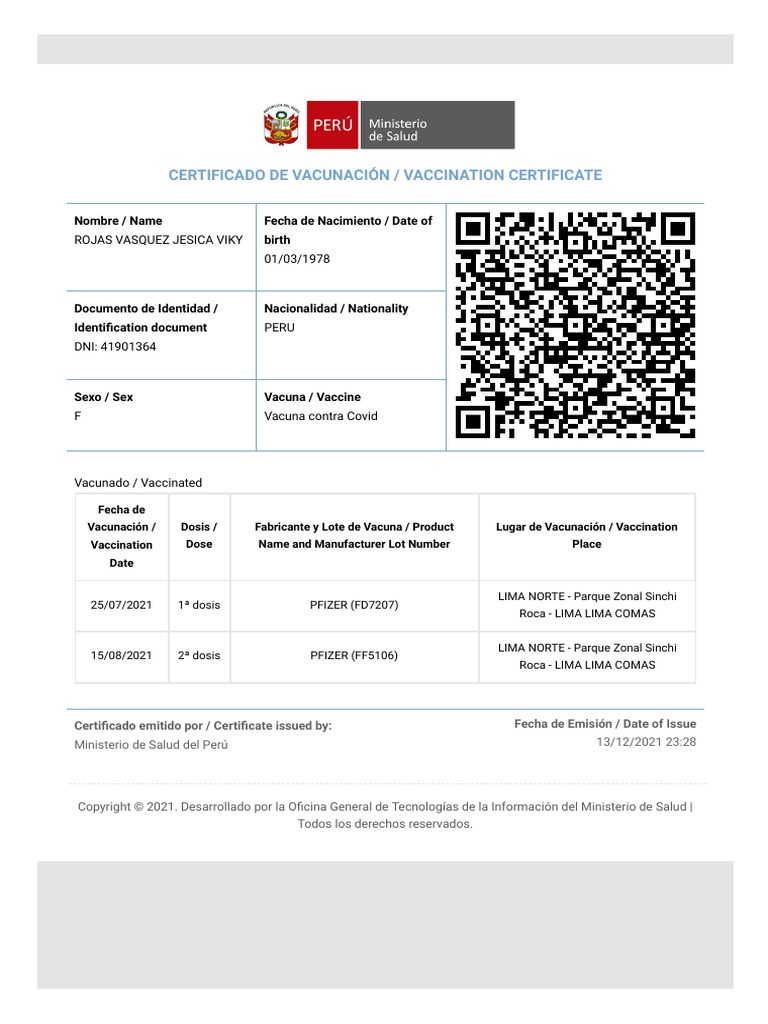 Certificado de Vacunación COVID-19 Perú | PDF