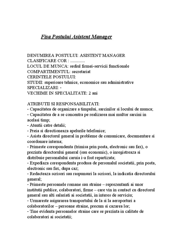 Fisa Postului Asistent Manager