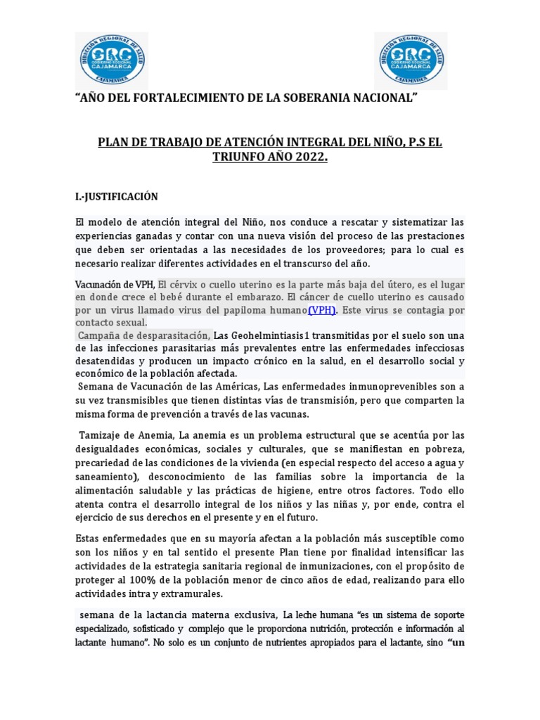 Plan de Atencion Integral Del Niño-2022 | PDF | Amamantamiento | Dieta ...