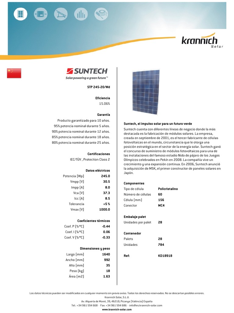 Suntech 245 KD18918 | PDF | Panel solar | Fotovoltaica
