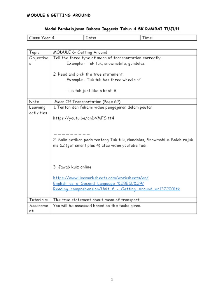 Year 4 Module 6: Getting Around | PDF