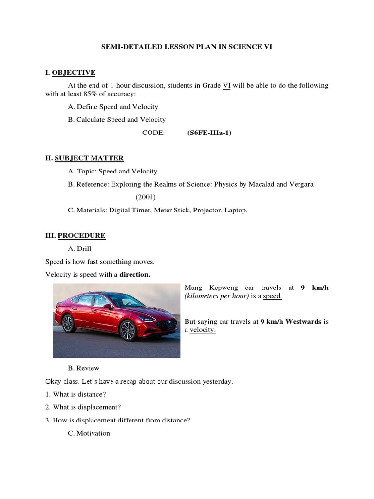 Speed and Velocity Lesson Plan for Grade VI | PDF | Speed | Velocity