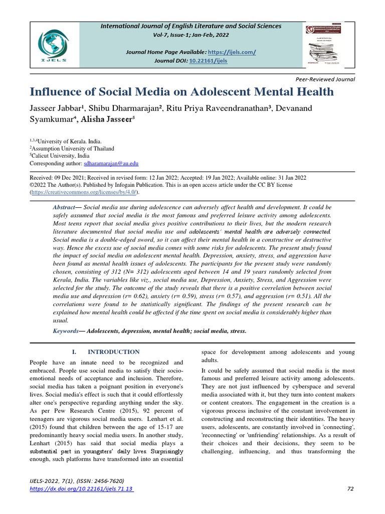 Influence of Social Media On Adolescent Mental Health | PDF | Popular ...