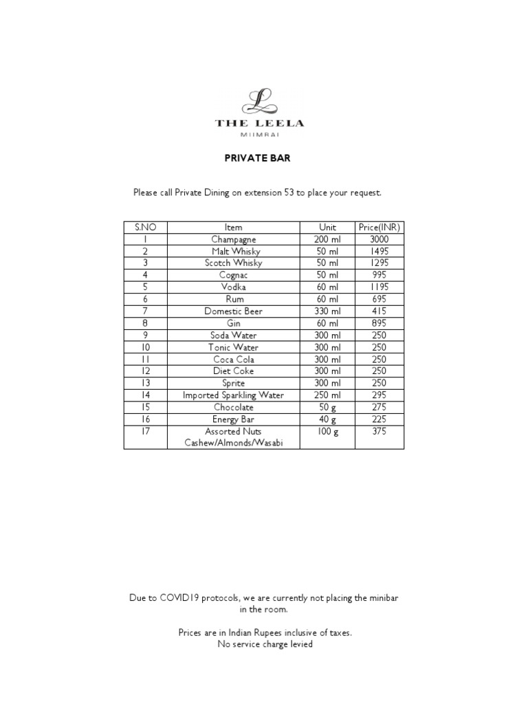 Minibar Menu | PDF