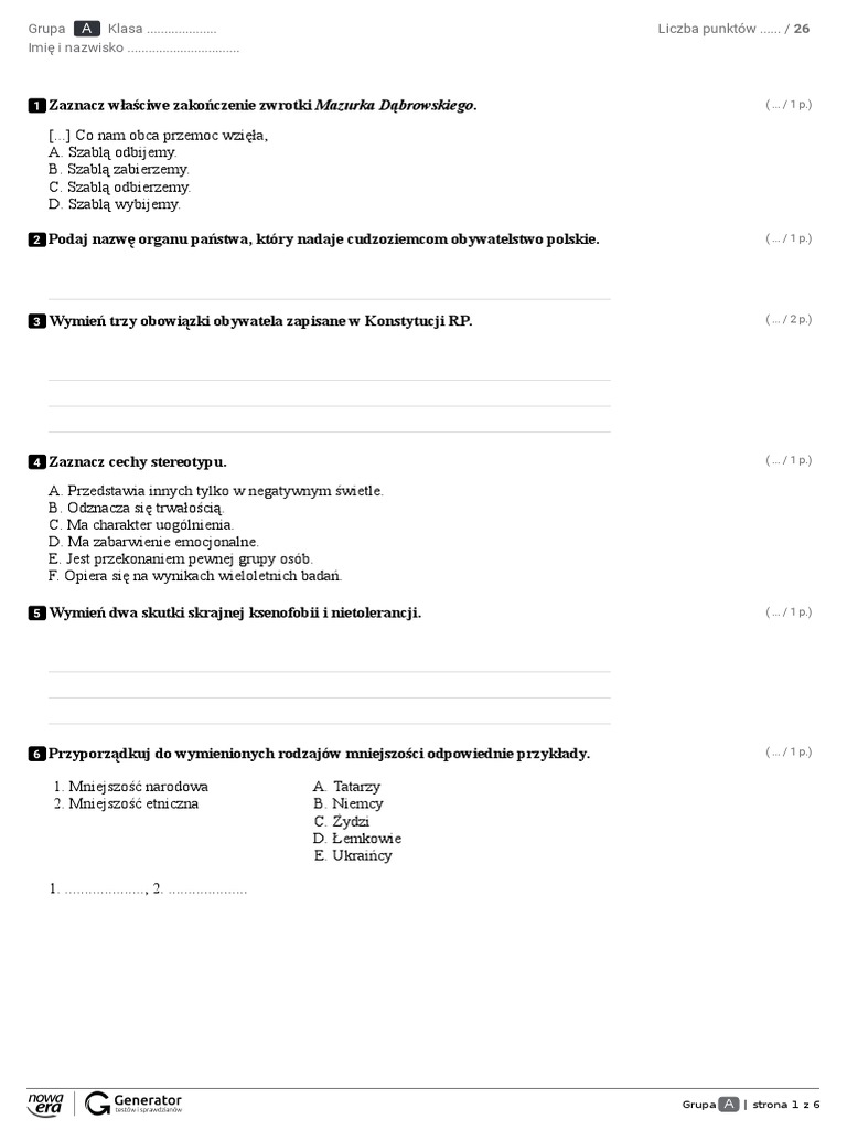 Test Wos Klasa 8 Dział 2 Test wos kl 8 dział IV Wspólnota narodowa 1 | PDF