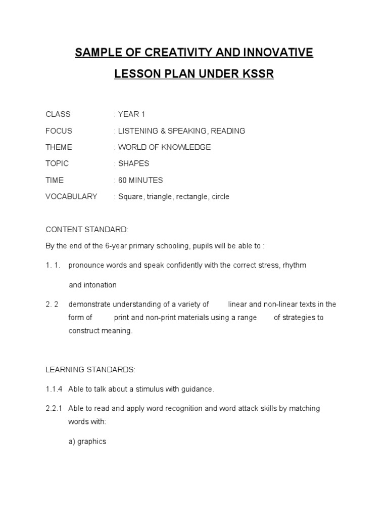 English New KSSR Year 1 | PDF | Teachers | Lesson Plan