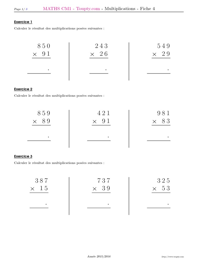 évaluation Multiplication Cm1 à Imprimer Multiplication Cm1 4 | PDF