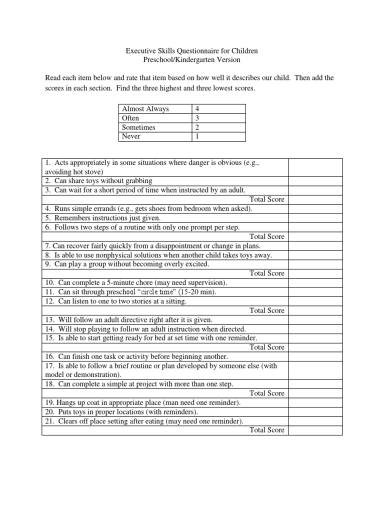 Executive Skills Questionnaire For Preschool C | PDF | Preschool ...