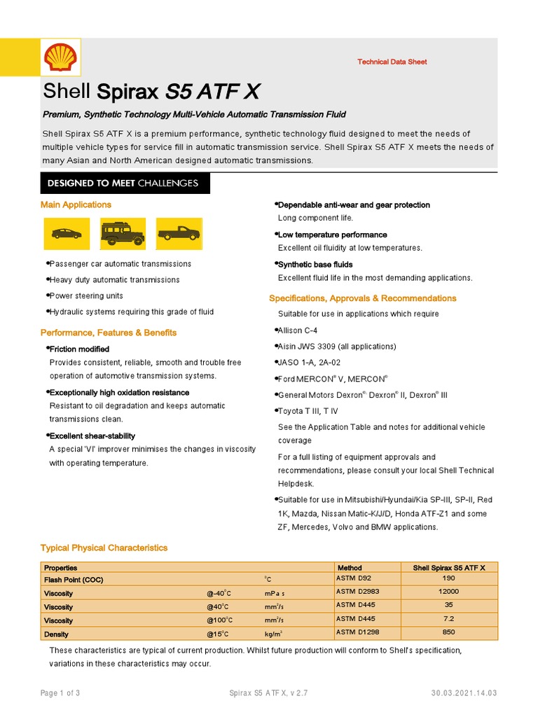 Shell Spirax S5 Atf X: Main Applications | PDF | Motor Oil | Transport
