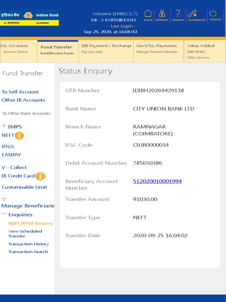 UTR Number Details for Indian Bank Transactions | PDF