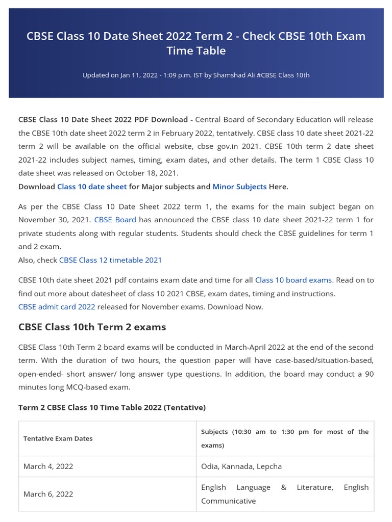 CBSE Class 10 Date Sheet 2022 Term 2 - Check CBSE 10th Exam Time Table ...