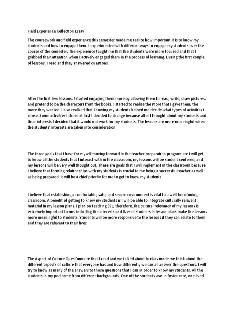 Field Experience Reflection Essay PDF Lesson Plan Teachers